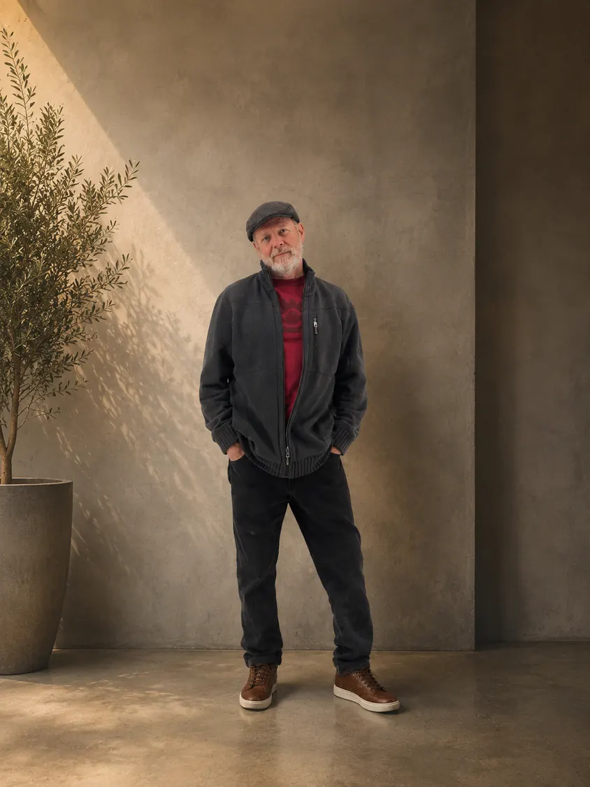 Mike, professional guitarist and vocalist, standing against a warm concrete wall